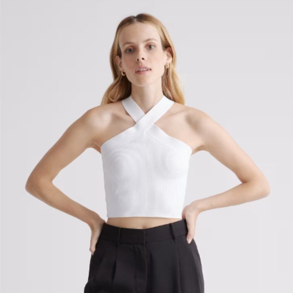 Quince Cropped Crossover Halter Ribbed Knit Tank